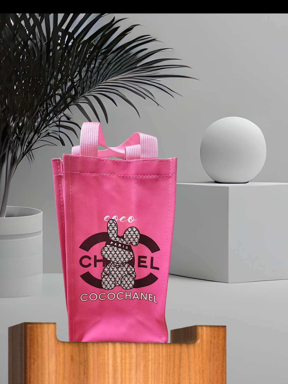 Pink Logo Faux Leather Wine Bag